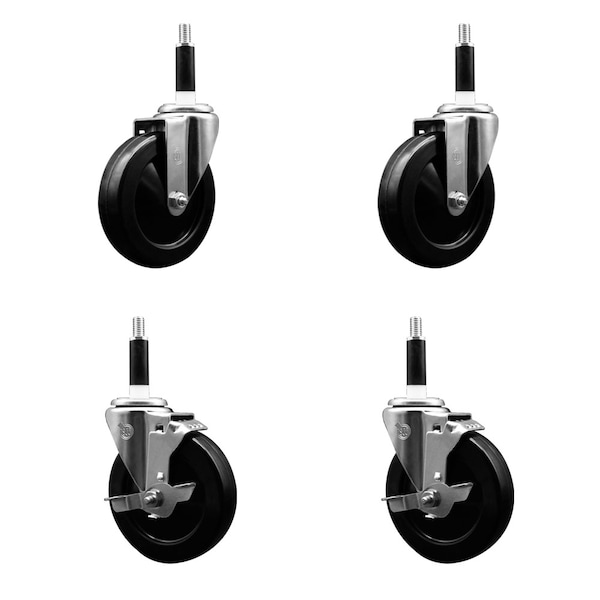 5'' Soft Rubber Wheel Swivel 7/8'' Expanding Stem Caster Set 2 Brakes, 4PK